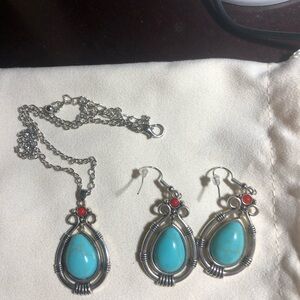 Turquoise Teardrop Pendant Necklace and Earrings Set - Silver Tone